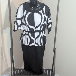 Black and White Patterned Women's Midi Dress